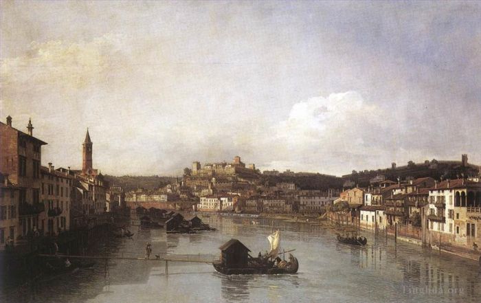Bernardo Bellotto Peinture à l'huile - Vue De Vérone Et Du Fleuve Adige Depuis Le Ponte Nuovo