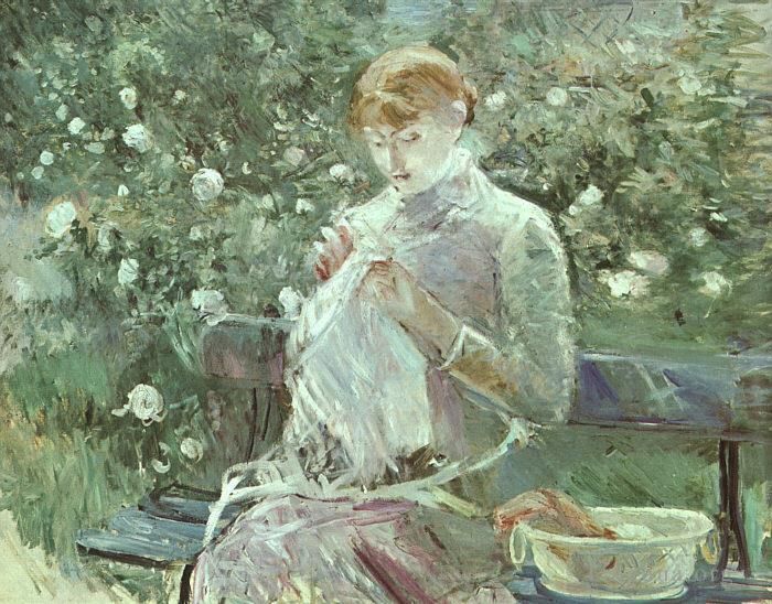 Berthe Morisot Peinture à l'huile - Jeune femme cousant dans un jardin