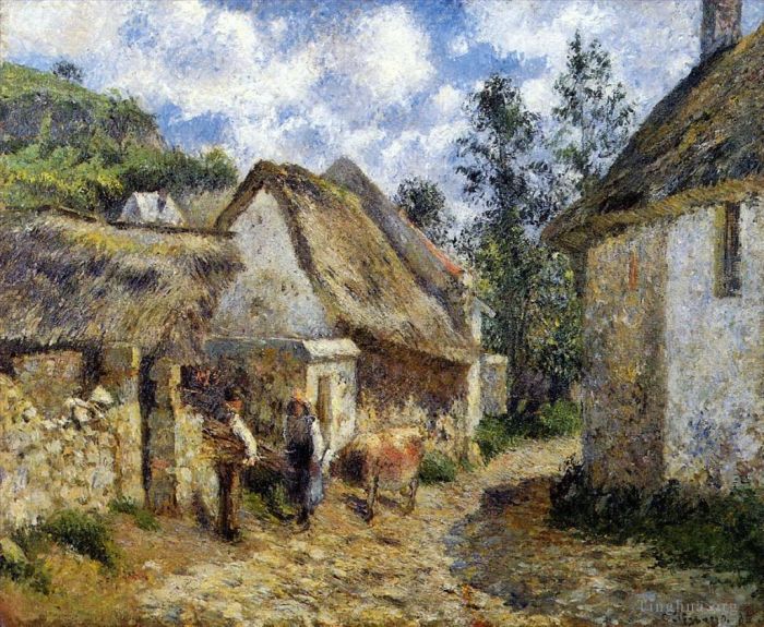 Camille Pissarro Peinture à l'huile - Une rue à auvers chaumière et vache 1880