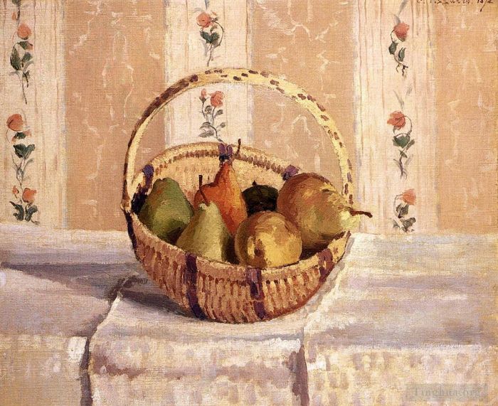 Camille Pissarro Peinture à l'huile - Nature Morte : Pommes et Poires Dans un Panier Rond