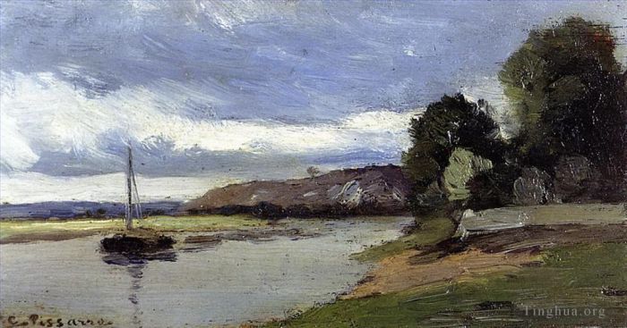 Camille Pissarro Peinture à l'huile - Berges d'une rivière avec barge