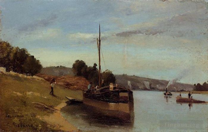 Camille Pissarro Peinture à l'huile - Péniches à la roche guyon 1865