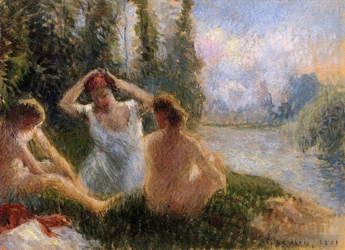 Camille Pissarro Peinture à l'huile - Baigneurs assis au bord d'une rivière 1901