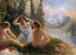 Camille Pissarro œuvres - Baigneurs assis au bord d'une rivière 1901