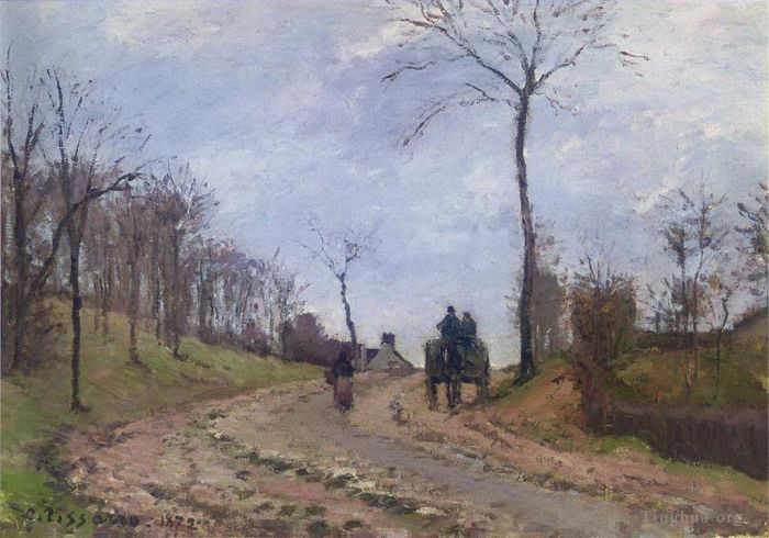Camille Pissarro Peinture à l'huile - Calèche sur une route de campagne aux portes d'hiver de Louveciennes 1872
