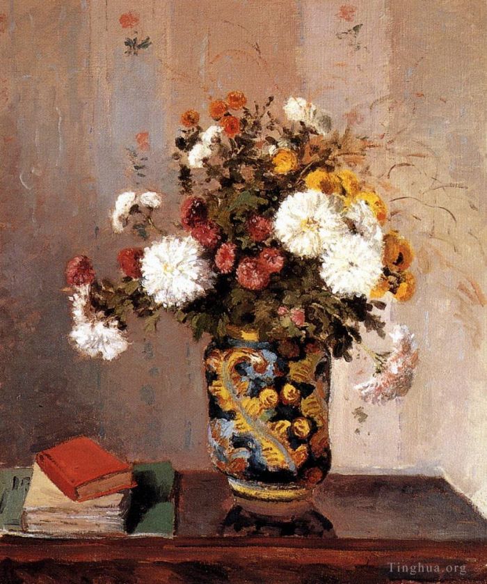 Camille Pissarro Peinture à l'huile - Chrysanthèmes dans un vase chinois 1873