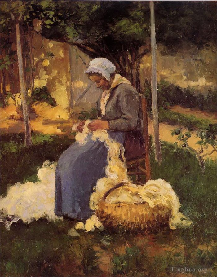 Camille Pissarro Peinture à l'huile - Paysanne cardant la laine 1875