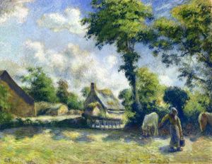 Camille Pissarro œuvres - Paysage à Melleray femme transportant de l'eau aux chevaux 1881