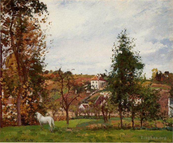 Camille Pissarro Peinture à l'huile - Paysage avec un cheval blanc dans un champ l ermitage 1872