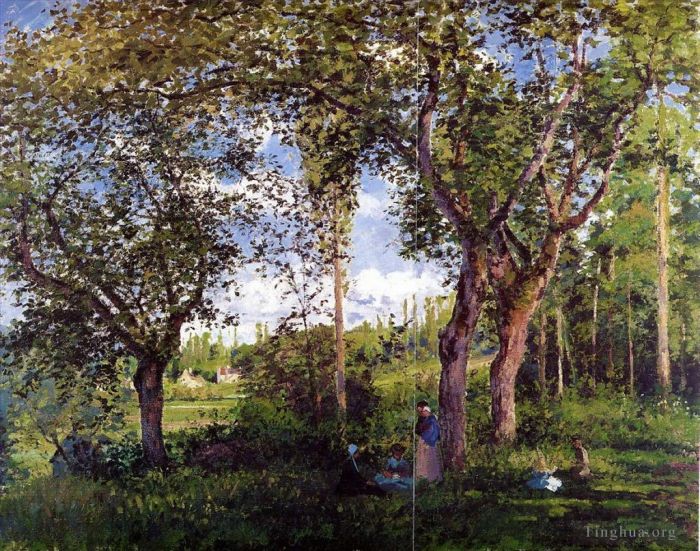 Camille Pissarro Peinture à l'huile - Paysage avec poussettes se reposant sous les arbres 1872