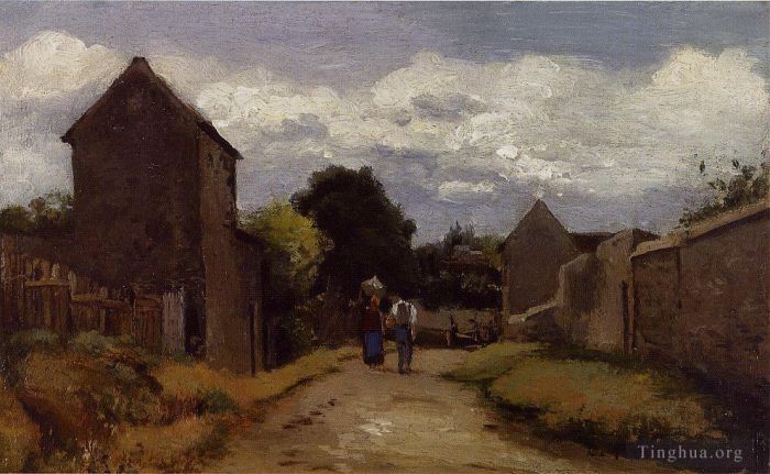 Camille Pissarro Peinture à l'huile - Paysans, hommes et femmes, sur un chemin traversant la campagne