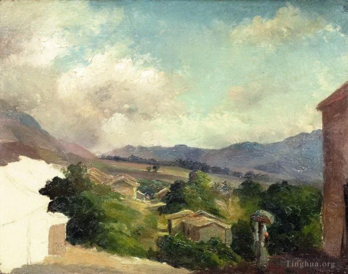 Camille Pissarro Peinture à l'huile - Paysage de montagne à Saint Thomas Antilles inachevé