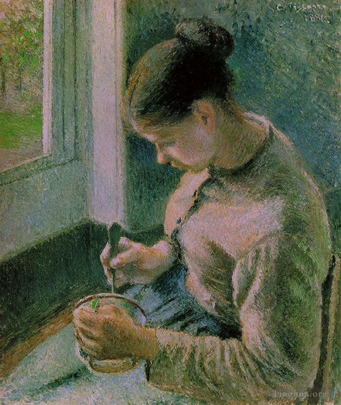 Camille Pissarro Peinture à l'huile - Paysanne buvant son café 1881