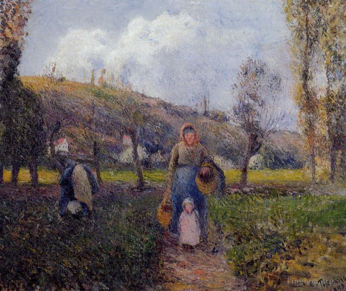 Camille Pissarro Peinture à l'huile - Paysanne et enfant récoltant les champs pontoise 1882