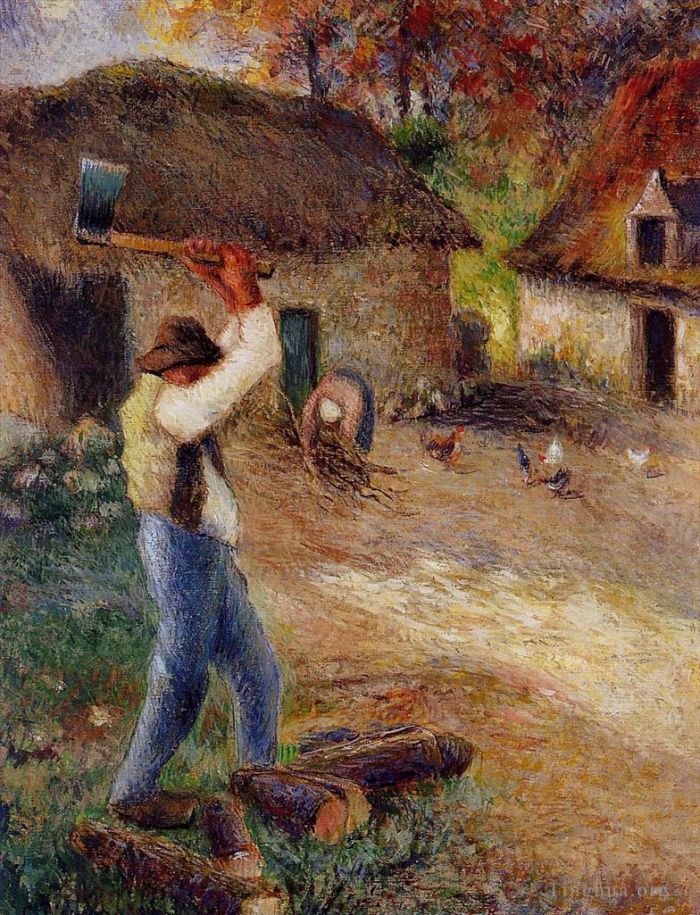 Camille Pissarro Peinture à l'huile - Pere melon coupant du bois 1880