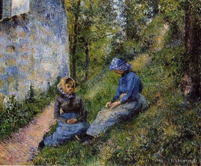 Camille Pissarro Peinture à l'huile - Paysans assis cousant 1881