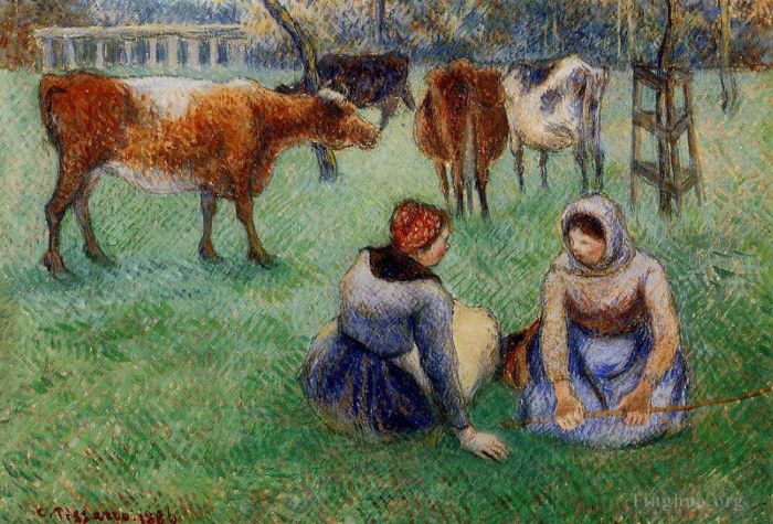 Camille Pissarro Peinture à l'huile - Paysans assis regardant les vaches 1886