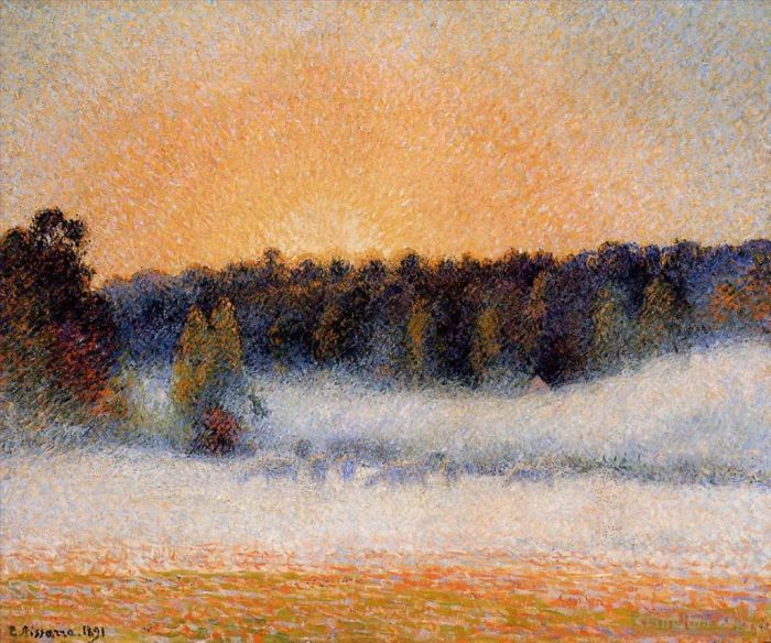 Camille Pissarro Peinture à l'huile - Soleil couchant et brouillard eragny 1891