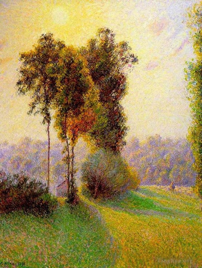 Camille Pissarro Peinture à l'huile - Coucher de soleil à Envoyé Charlez Eragny 1891