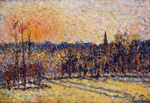 Camille Pissarro œuvres - Coucher de soleil sur le clocher de Bazincourt 1