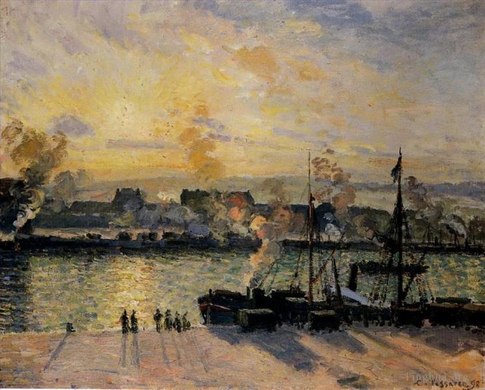 Camille Pissarro Peinture à l'huile - Coucher de soleil sur les bateaux à vapeur du port de Rouen 1898