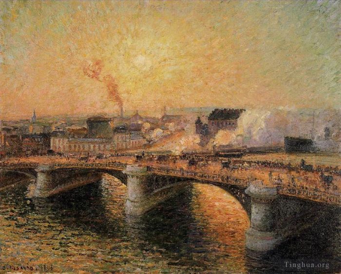 Camille Pissarro Peinture à l'huile - Le pont Boieldieu Rouen coucher de soleil 1896