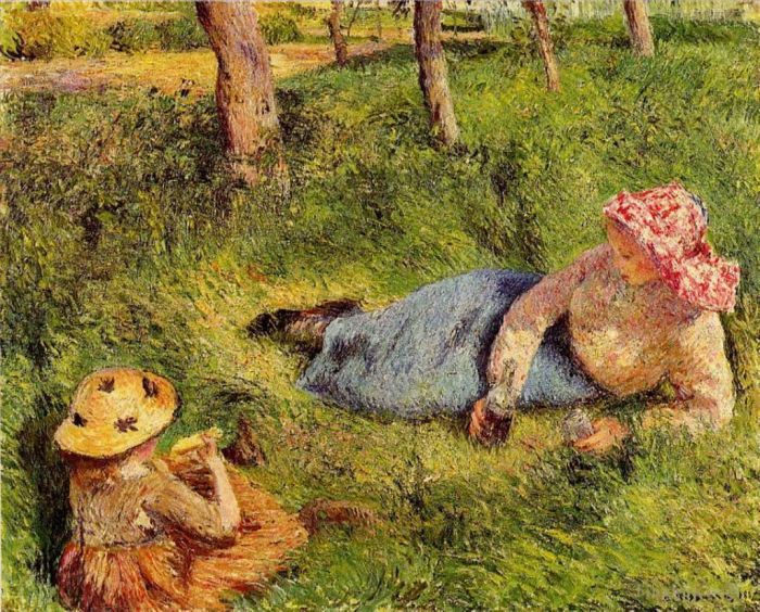 Camille Pissarro Peinture à l'huile - Le casse-croûte enfant et jeune paysan au repos 1882