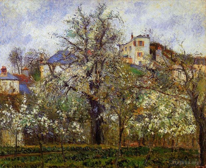 Camille Pissarro Peinture à l'huile - Le potager avec arbres en fleurs printemps pontoise 1877