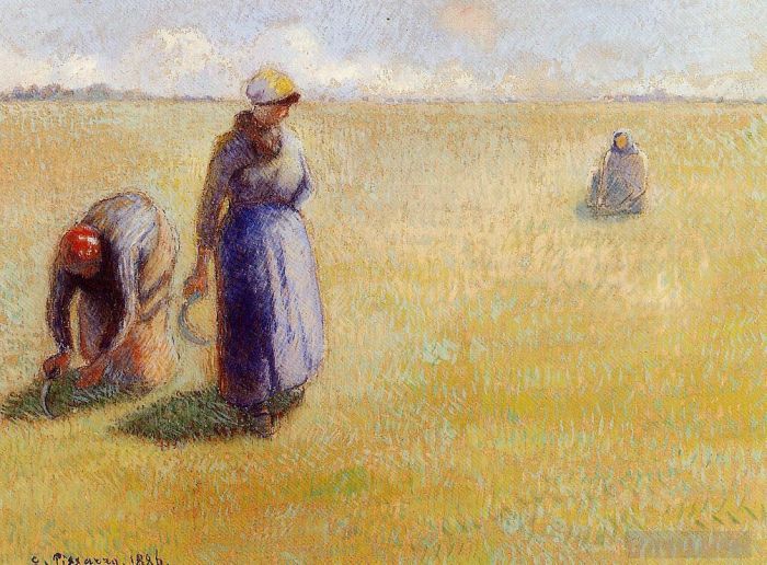 Camille Pissarro Peinture à l'huile - Trois femmes coupant l'herbe 1886