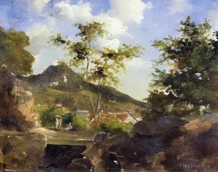 Camille Pissarro Peinture à l'huile - Village au pied d'une colline aux Antilles Saint Thomas