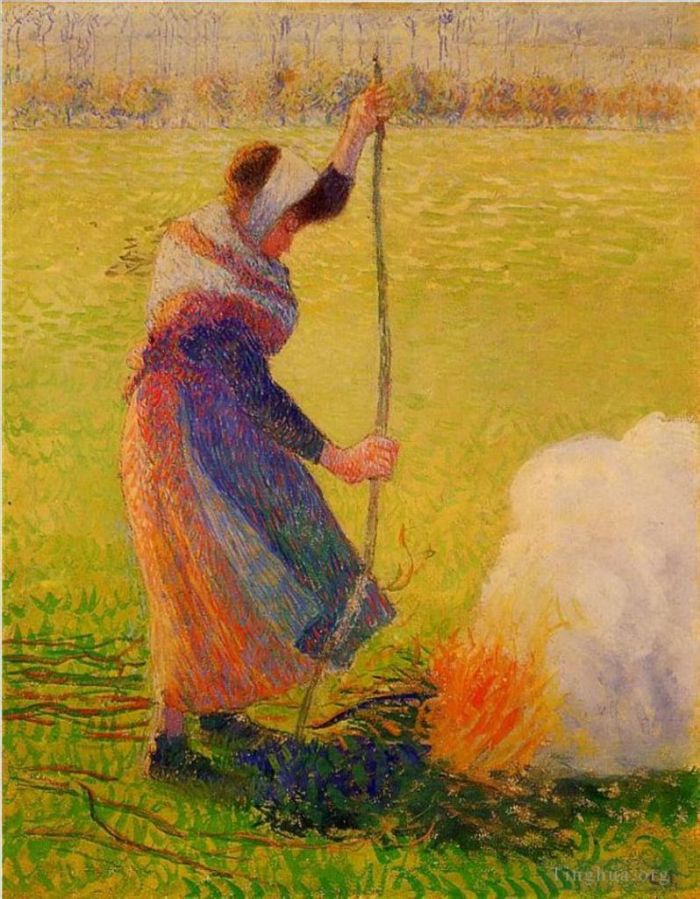 Camille Pissarro Peinture à l'huile - Femme brûlant du bois