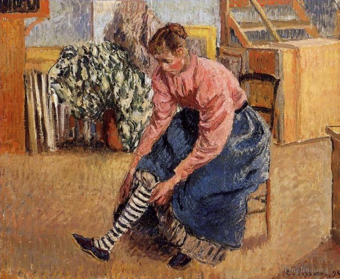 Camille Pissarro Peinture à l'huile - Femme mettant ses bas 1895