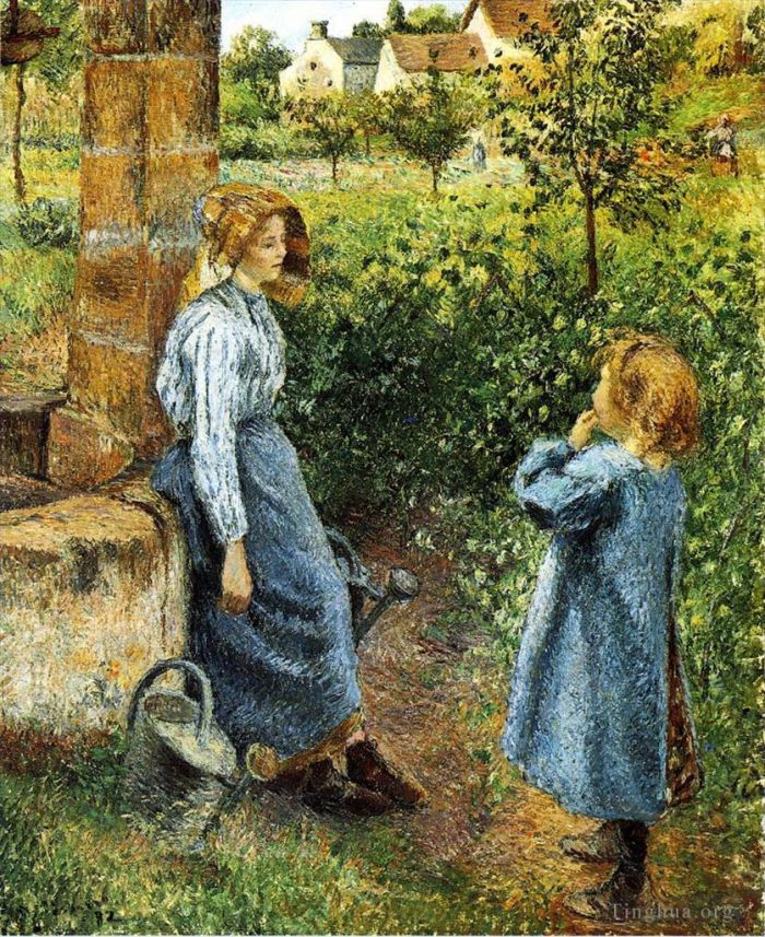 Camille Pissarro Peinture à l'huile - Jeune femme et enfant au puits 1882