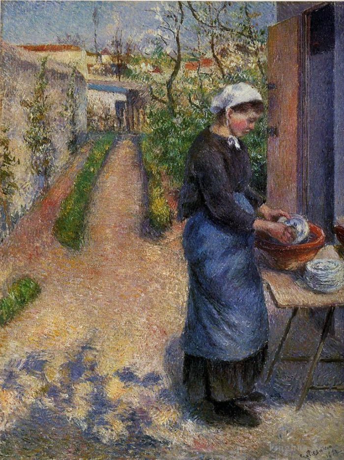 Camille Pissarro Peinture à l'huile - Jeune femme lavant les assiettes 1882