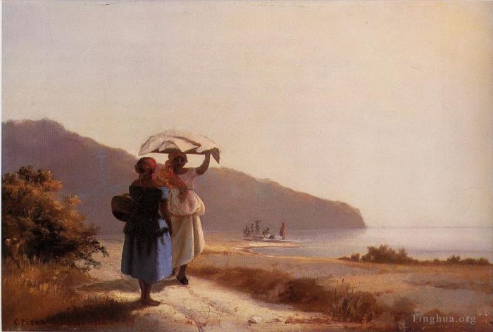 Camille Pissarro Types de peintures - Deux femmes discutant au bord de la mer St Thomas 1856