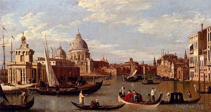 Canaletto Peinture à l'huile - Canal Giovanni Antonio Vue du Grand Canal et Santa Maria Della Salute avec bateaux et figure