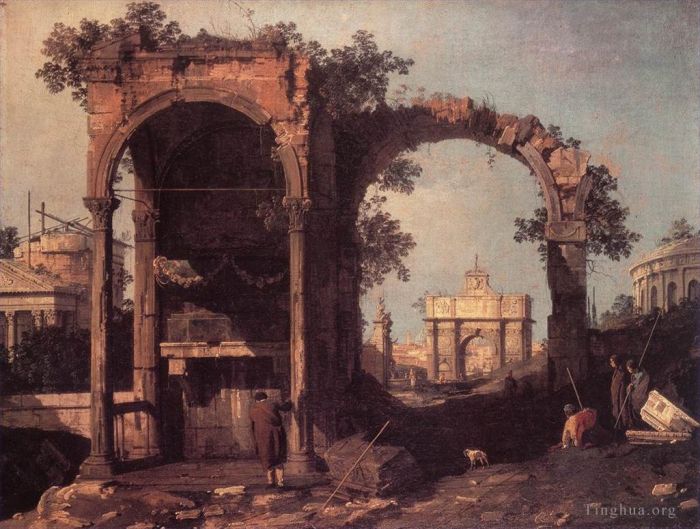 Canaletto Peinture à l'huile - Ruines de Capriccio et bâtiments classiques