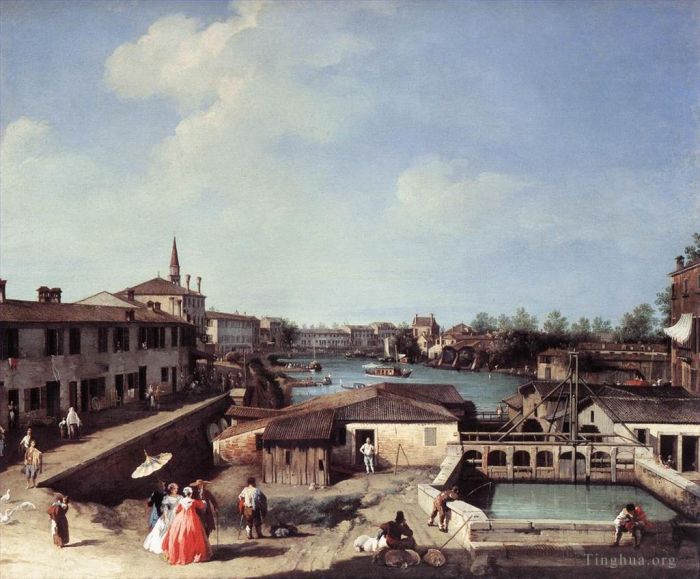 Canaletto Peinture à l'huile - Dolo sur la Venise vénitienne Brenta