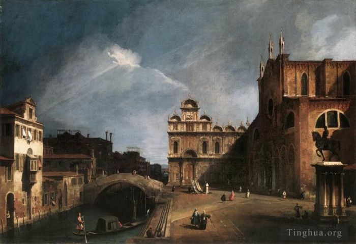 Canaletto Peinture à l'huile - Santi Giovanni E Paolo et l'École de Saint-Marc 1726