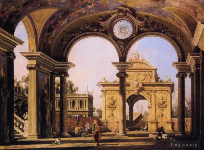 Canaletto Peinture à l'huile - Capriccio d'un arc de triomphe Renaissance vu du portique d'un palais 1755