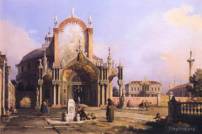 Canaletto Peinture à l'huile - Capriccio d'une église ronde avec un portique gothique élaboré sur une place une place palladienne et 1755