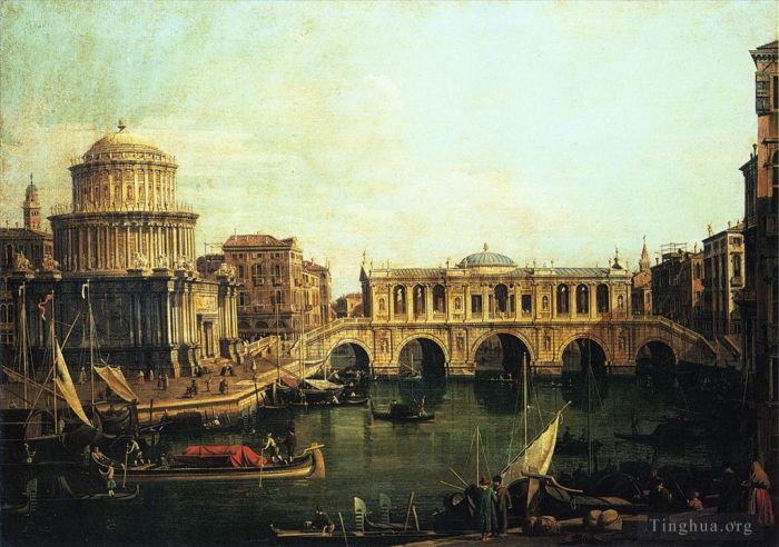 Canaletto Peinture à l'huile - Capriccio du grand canal avec un pont imaginaire du Rialto et d'autres bâtiments