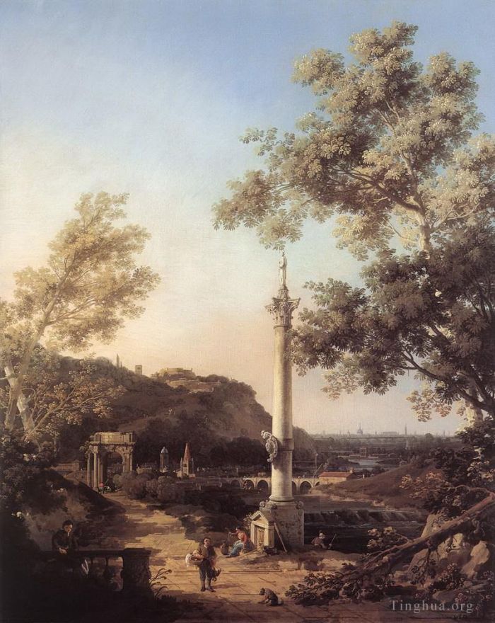 Canaletto Peinture à l'huile - Paysage fluvial Capriccio avec une colonne