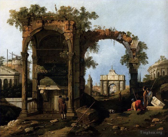 Canaletto Peinture à l'huile - Capriccio avec ruines et bâtiments classiques