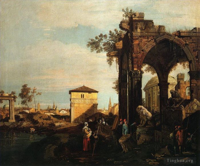 Canaletto Peinture à l'huile - Capriccio avec ruines et porta portello à Padoue