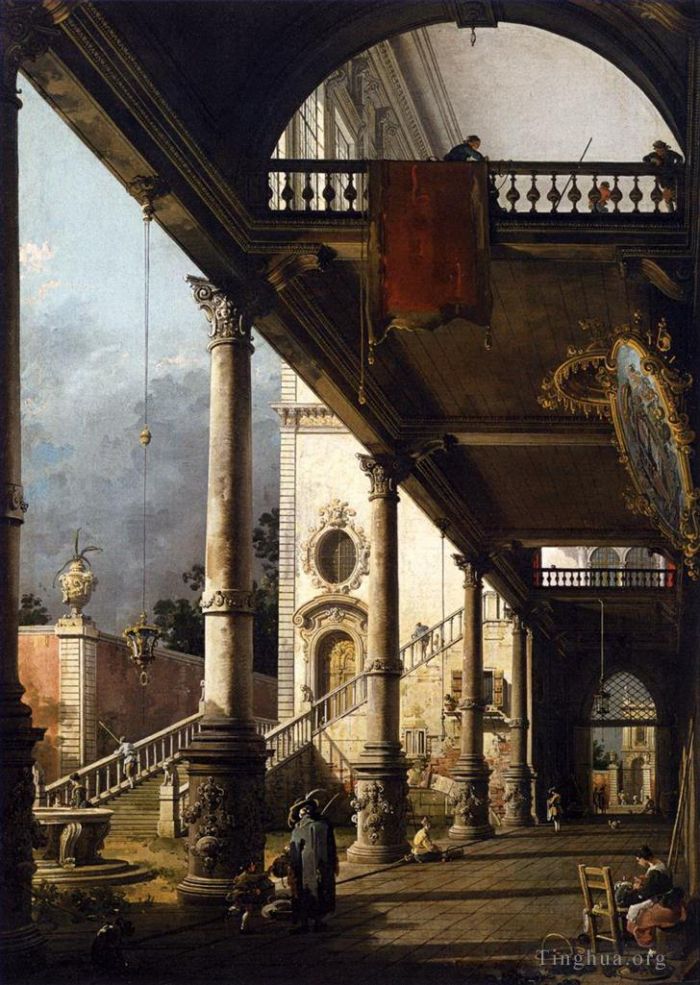 Canaletto Peinture à l'huile - Vue en perspective avec portique