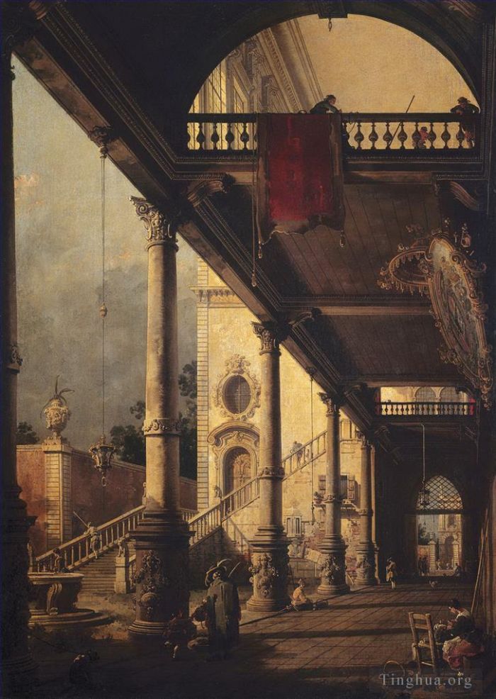 Canaletto Peinture à l'huile - Perspective avec portique 1765
