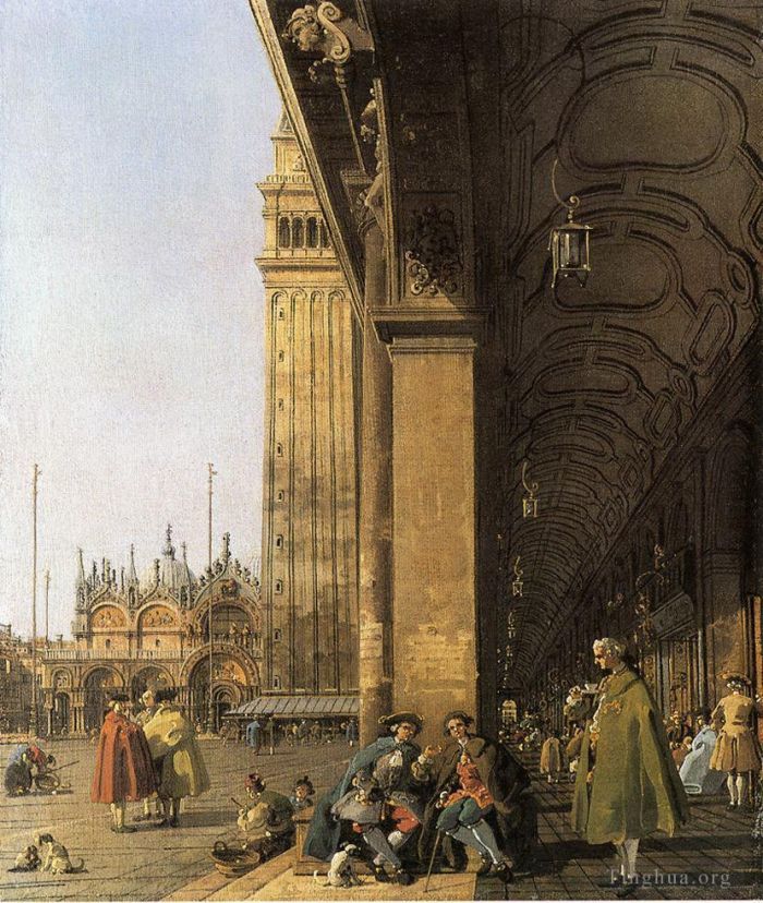 Canaletto Peinture à l'huile - Piazza San Marco regardant vers l'est depuis le coin sud-ouest de la Piazza San Marco et sa colonnade