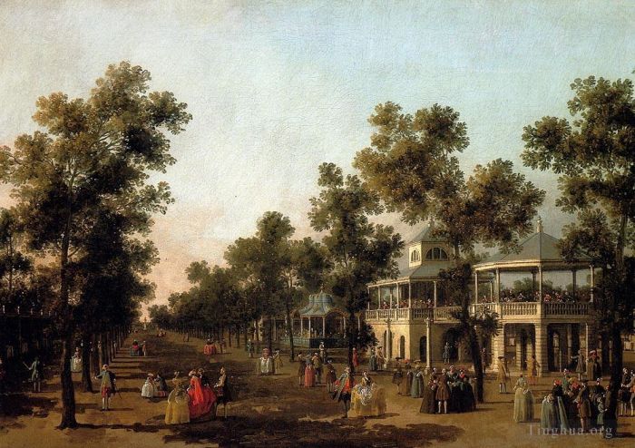 Canaletto Peinture à l'huile - Vue sur les jardins de Vauxhall avec le pavillon de l'orchestre et la maison d'orgue turque