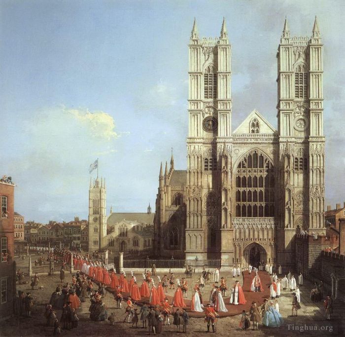 Canaletto Peinture à l'huile - Abbaye de Westminster avec une procession des chevaliers du bain 1749